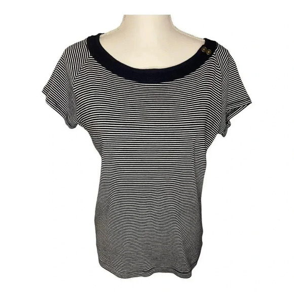 Chaps Classics Women’s‎ Large Striped Navy Blue/White T-shirt Button Accent - Picture 1 of 6